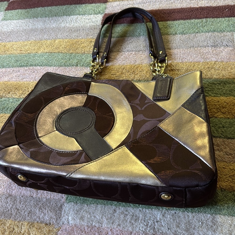 Coach Inlaid Brown Gold Patchwork Leather Chain Tote Bag F20013 - Picture 13 of 13